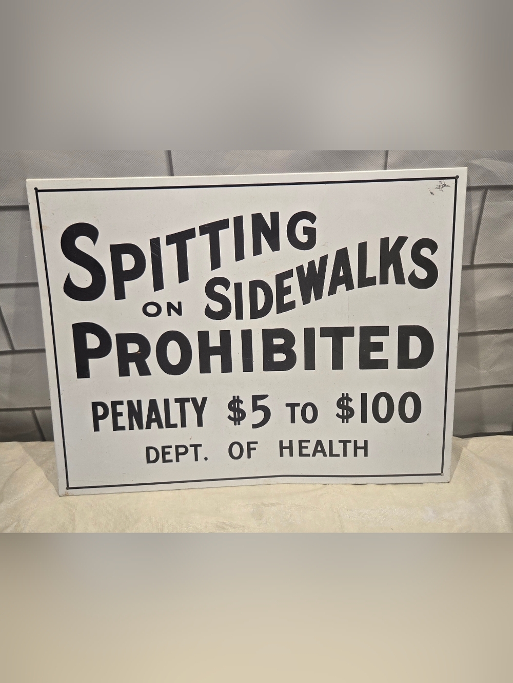 Vintage 'Spitting on Sidewalks Prohibited' Metal Sign - Black & White